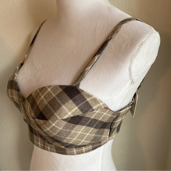 Favorite Daughter Plaid Crop Bralette and Shirt Set in Brown and Beige - Picture 3 of 9